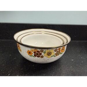 Vtg Crowning Touch Harvest Blossom Enamel Bowl Set 1970s Floral Nesting Bowls